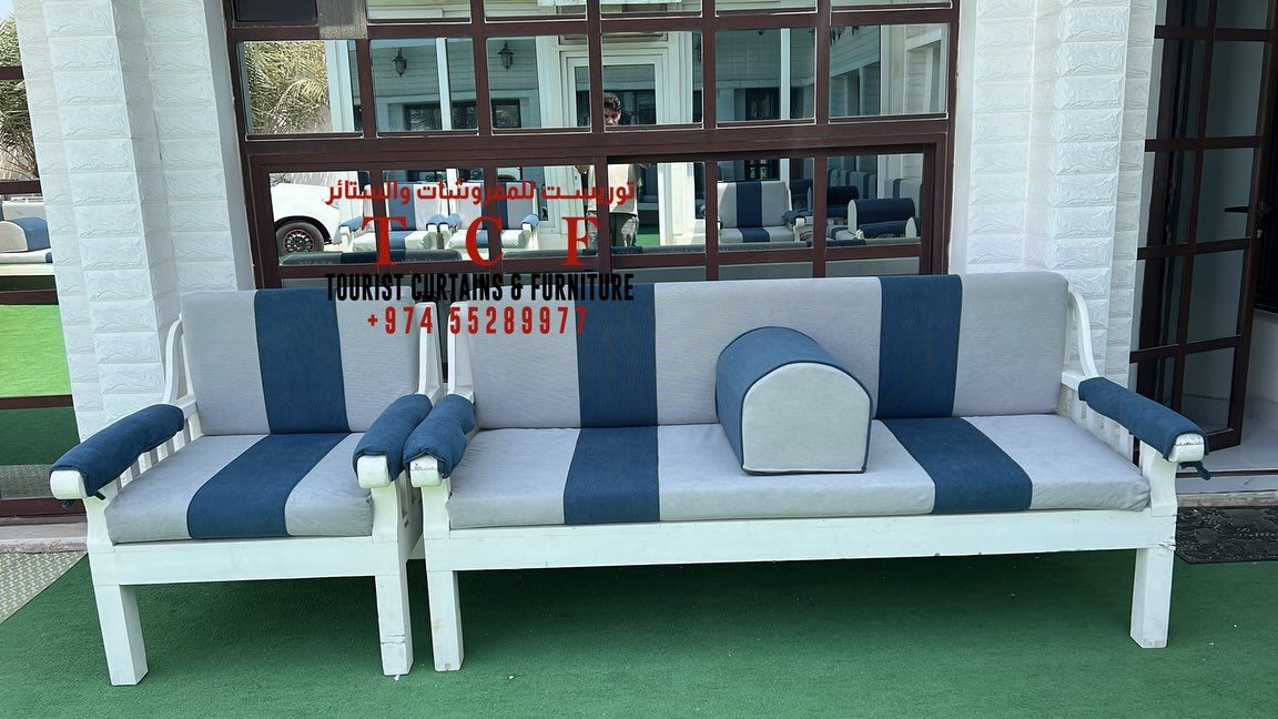 Outdoor seating sets in blue and white