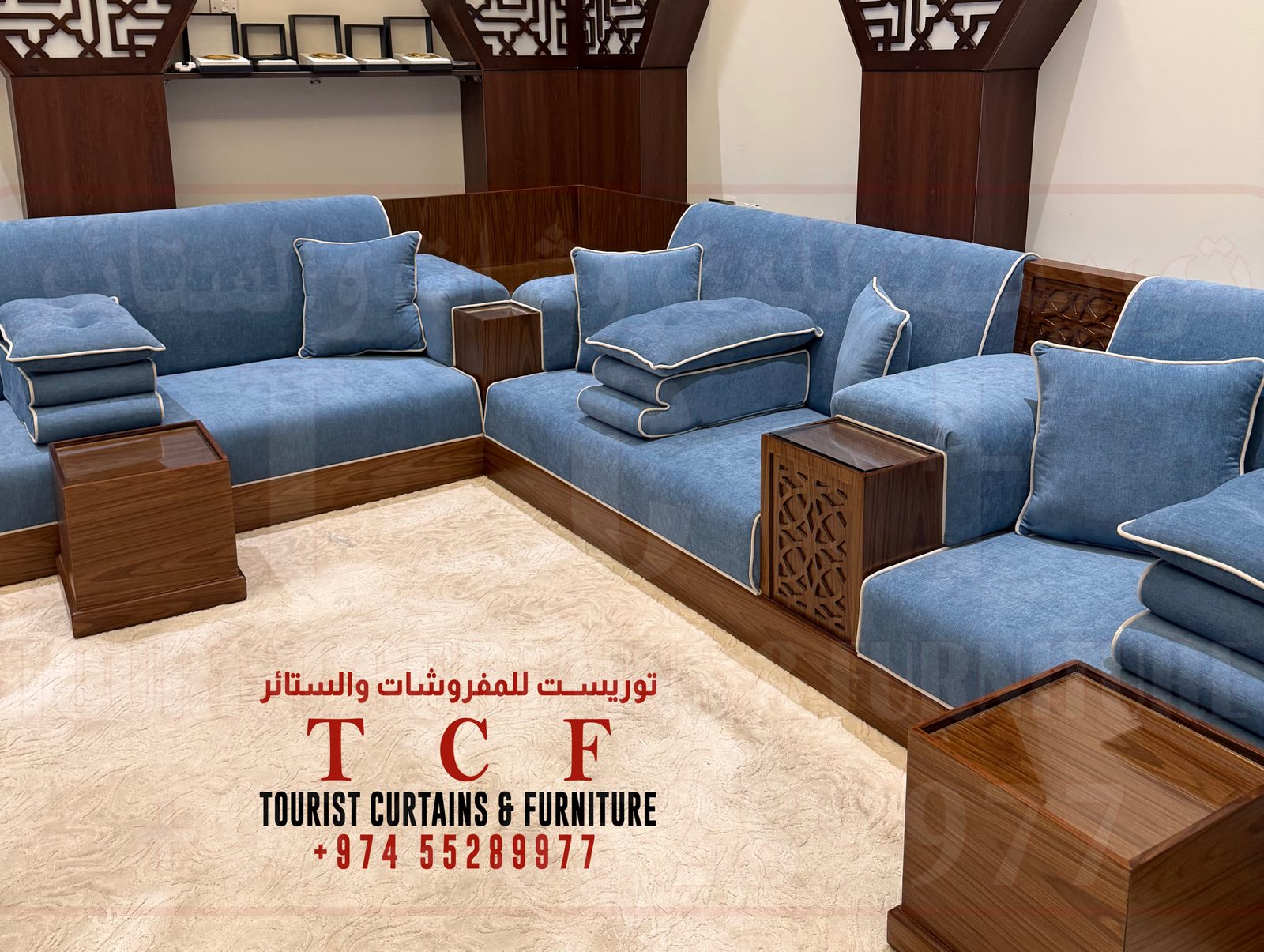 Handcrafted majlis seating in soft blue